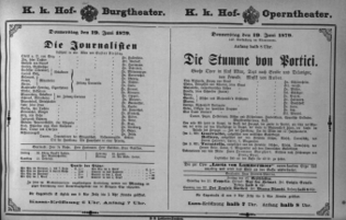 Theaterzettel (Oper und Burgtheater in Wien) 18790619 Seite: 1