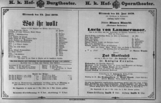 Theaterzettel (Oper und Burgtheater in Wien) 18790625 Seite: 1