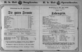 Theaterzettel (Oper und Burgtheater in Wien) 18790626 Seite: 1