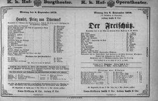 Theaterzettel (Oper und Burgtheater in Wien) 18790908 Seite: 1