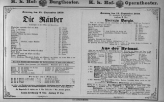 Theaterzettel (Oper und Burgtheater in Wien) 18790914 Seite: 1