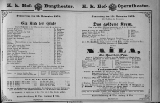 Theaterzettel (Oper und Burgtheater in Wien) 18791113 Seite: 1