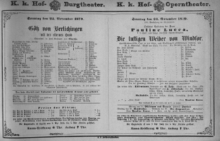Theaterzettel (Oper und Burgtheater in Wien) 18791123 Seite: 1