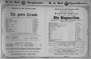 Theaterzettel (Oper und Burgtheater in Wien) 18791126 Seite: 1