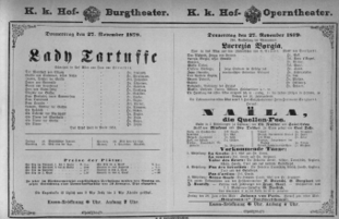 Theaterzettel (Oper und Burgtheater in Wien) 18791127 Seite: 1