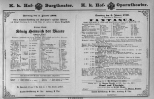 Theaterzettel (Oper und Burgtheater in Wien) 18800103 Seite: 1