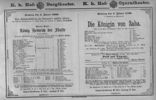 Theaterzettel (Oper und Burgtheater in Wien) 18800104 Seite: 1