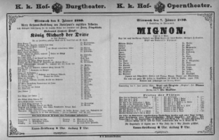 Theaterzettel (Oper und Burgtheater in Wien) 18800107 Seite: 1