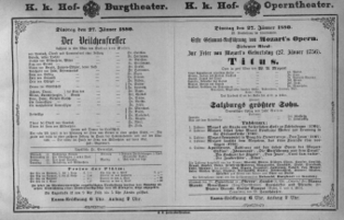 Theaterzettel (Oper und Burgtheater in Wien) 18800127 Seite: 1