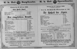 Theaterzettel (Oper und Burgtheater in Wien) 18800217 Seite: 1