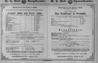 Theaterzettel (Oper und Burgtheater in Wien) 18800218 Seite: 1