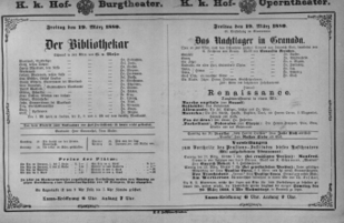 Theaterzettel (Oper und Burgtheater in Wien) 18800319 Seite: 1