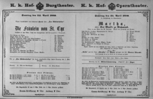 Theaterzettel (Oper und Burgtheater in Wien) 18800424 Seite: 1