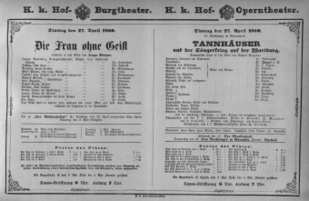 Theaterzettel (Oper und Burgtheater in Wien) 18800427 Seite: 1