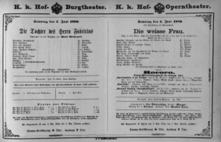 Theaterzettel (Oper und Burgtheater in Wien) 18800605 Seite: 1