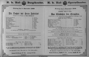 Theaterzettel (Oper und Burgtheater in Wien) 18800907 Seite: 1