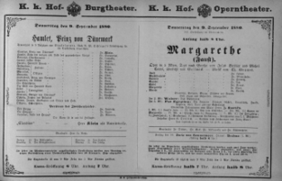 Theaterzettel (Oper und Burgtheater in Wien) 18800909 Seite: 1