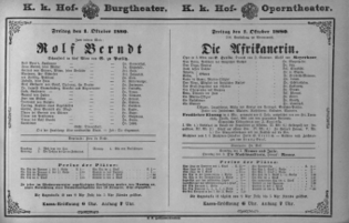 Theaterzettel (Oper und Burgtheater in Wien) 18801001 Seite: 1