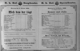 Theaterzettel (Oper und Burgtheater in Wien) 18801002 Seite: 1