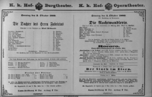 Theaterzettel (Oper und Burgtheater in Wien) 18801003 Seite: 1