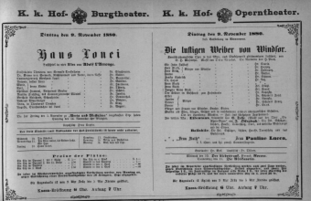 Theaterzettel (Oper und Burgtheater in Wien) 18801109 Seite: 1