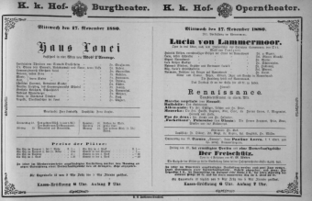 Theaterzettel (Oper und Burgtheater in Wien) 18801117 Seite: 1