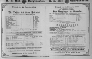 Theaterzettel (Oper und Burgtheater in Wien) 18801124 Seite: 1