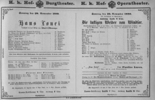 Theaterzettel (Oper und Burgtheater in Wien) 18801128 Seite: 1