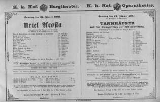 Theaterzettel (Oper und Burgtheater in Wien) 18810122 Seite: 1