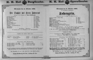 Theaterzettel (Oper und Burgtheater in Wien) 18811005 Seite: 1