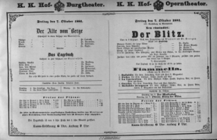 Theaterzettel (Oper und Burgtheater in Wien) 18811007 Seite: 1