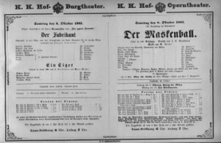 Theaterzettel (Oper und Burgtheater in Wien) 18811008 Seite: 1