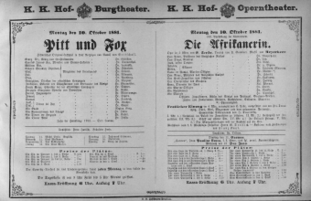 Theaterzettel (Oper und Burgtheater in Wien) 18811010 Seite: 1