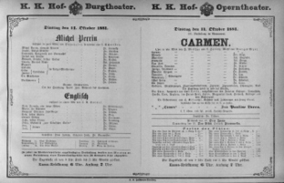 Theaterzettel (Oper und Burgtheater in Wien) 18811011 Seite: 1