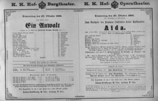 Theaterzettel (Oper und Burgtheater in Wien) 18811027 Seite: 1
