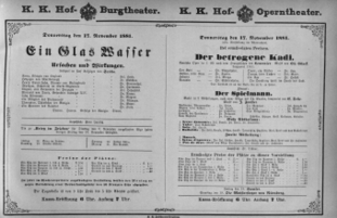 Theaterzettel (Oper und Burgtheater in Wien) 18811117 Seite: 1