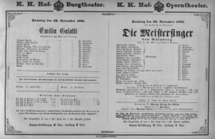 Theaterzettel (Oper und Burgtheater in Wien) 18811119 Seite: 1