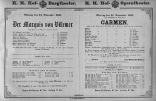 Theaterzettel (Oper und Burgtheater in Wien) 18811121 Seite: 1