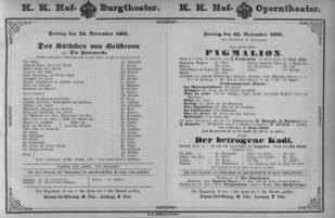 Theaterzettel (Oper und Burgtheater in Wien) 18811125 Seite: 1
