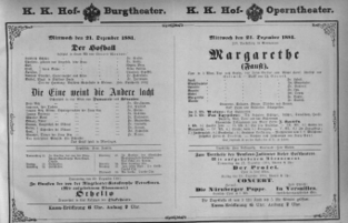 Theaterzettel (Oper und Burgtheater in Wien) 18811221 Seite: 1