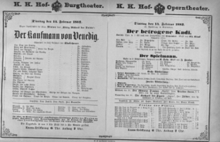 Theaterzettel (Oper und Burgtheater in Wien) 18820214 Seite: 1