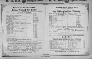 Theaterzettel (Oper und Burgtheater in Wien) 18820222 Seite: 1