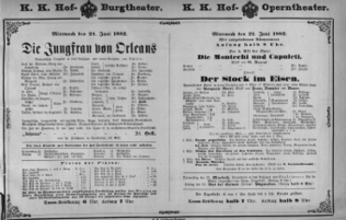 Theaterzettel (Oper und Burgtheater in Wien) 18820621 Seite: 1