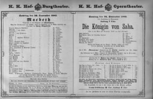Theaterzettel (Oper und Burgtheater in Wien) 18820916 Seite: 1