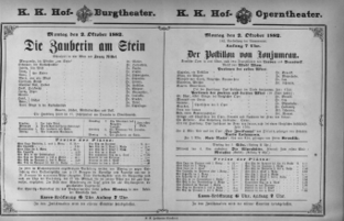 Theaterzettel (Oper und Burgtheater in Wien) 18821002 Seite: 1