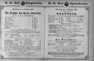 Theaterzettel (Oper und Burgtheater in Wien) 18821004 Seite: 1