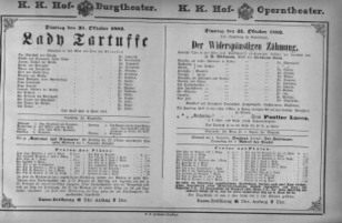 Theaterzettel (Oper und Burgtheater in Wien) 18821031 Seite: 1