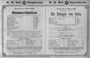 Theaterzettel (Oper und Burgtheater in Wien) 18831005 Seite: 1