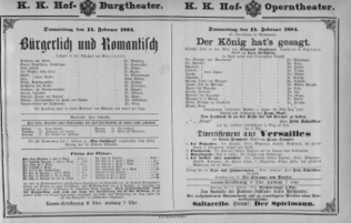 Theaterzettel (Oper und Burgtheater in Wien) 18840214 Seite: 1