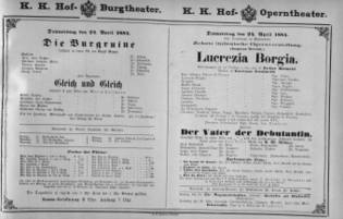 Theaterzettel (Oper und Burgtheater in Wien) 18840424 Seite: 1